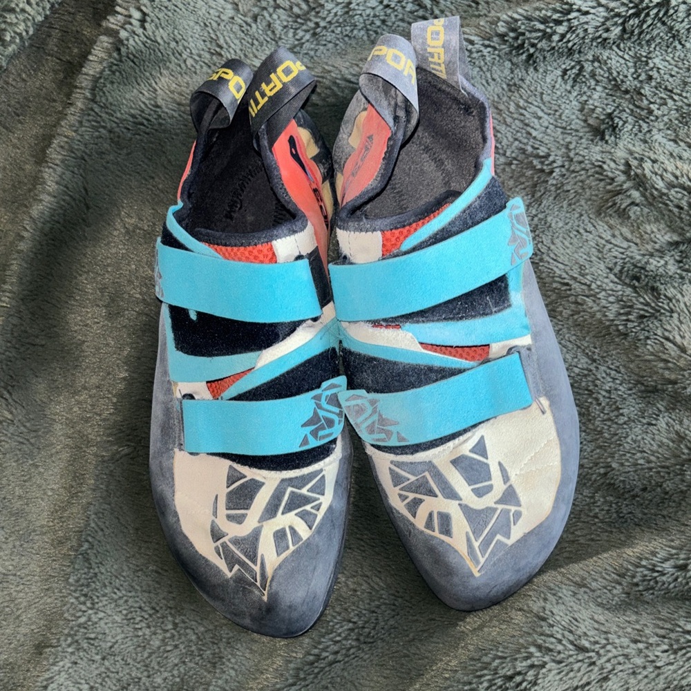 La Sportiva Gray and Blue Velcro Climbing Shoes